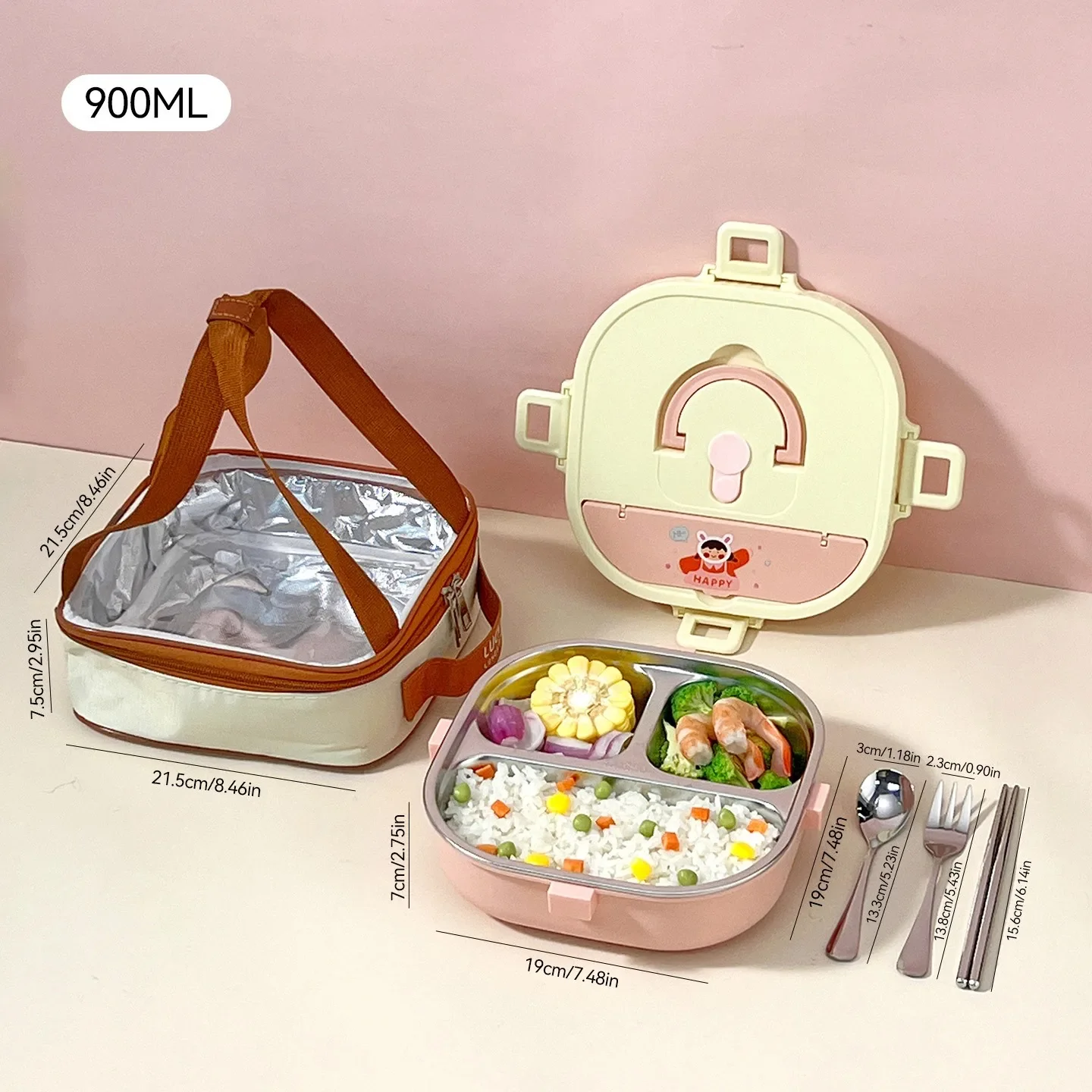 3/4 Raster Verzegelde 304 RVS Voedselcontainer voor Studenten Vierkante Verdeelde Bento Lunchbox Met Bestek Magnetronbestendig