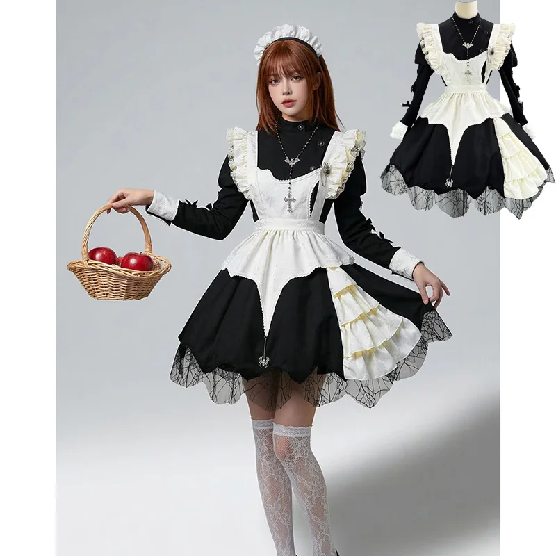 

Halloween Cosplay Outfit Dark Style Bubble Sleeve Maid Dress Costume Japanese Gothic Lolita Maid Dress Plus Size