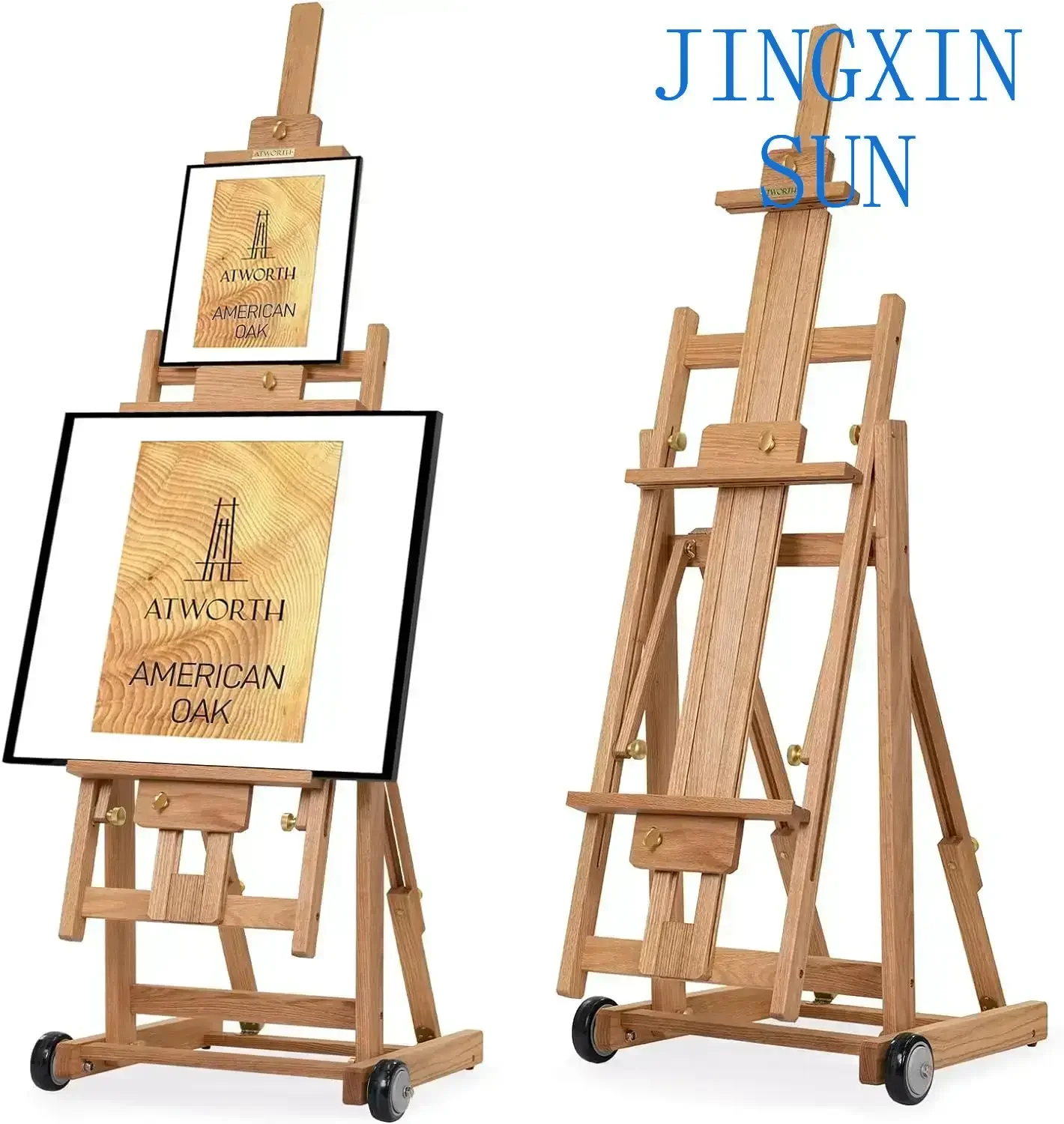 Modern Simple Deluxe Red Oak Wooden Multi-Function H-Frame Artist Easel, Floor Easel Stand with Wheels