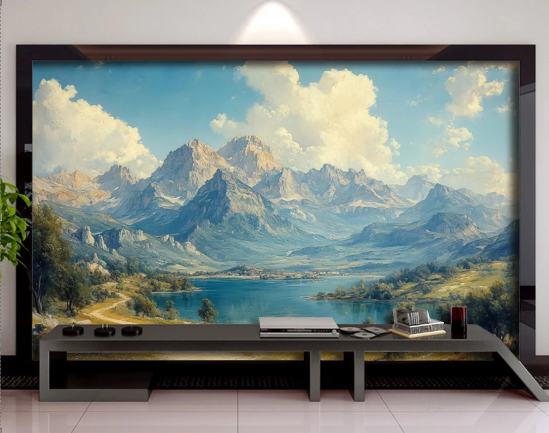 

Custom wallpaper Self adhesive canvas material for mountain and snow mountain scenery living room background Decorative mural