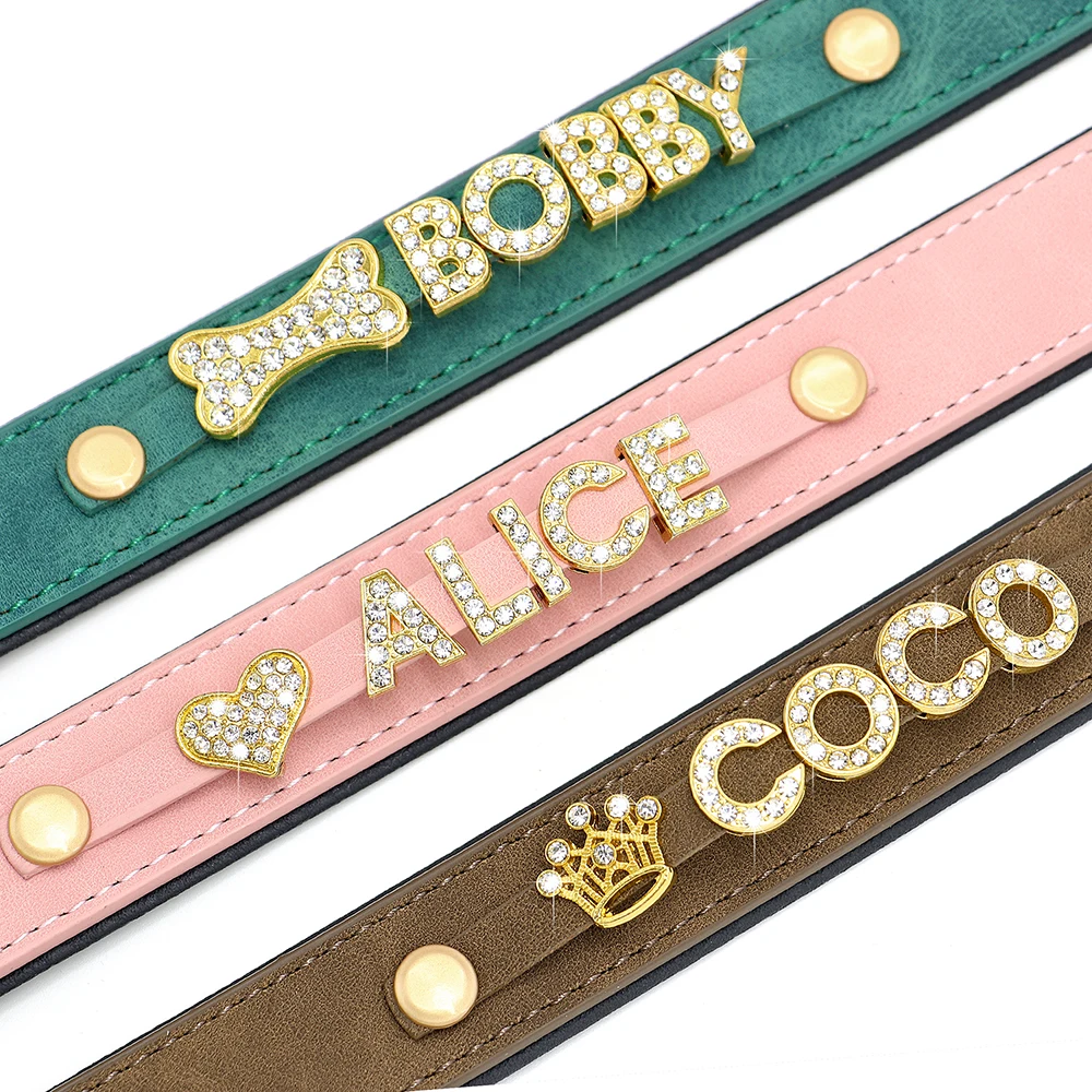 Custom Dog Name Collar Bling Rhinestone Pet Necklace Collar Personalized Leather Dogs Collar DIY Name Free Bone Paw Heart Charm