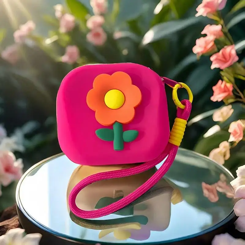 Square Silicone Floral Coin Purse with Waterproof Layer and Handy Lanyard