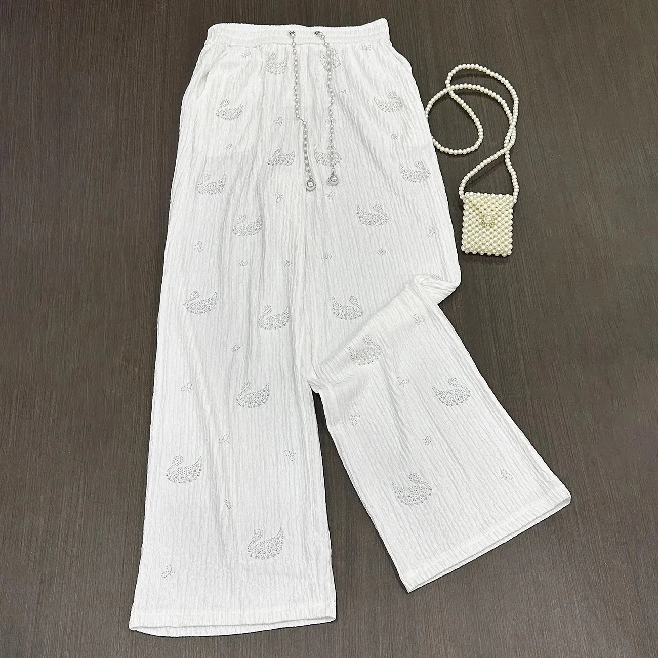 

Plus Size Long Pants 2025 Summer New Diamond Swan Loose Casual Pants Women Beading Belt Fashion