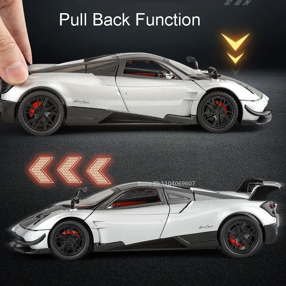 1:24 Schaal Auto Speelgoed Pagani Huayra Spray Versie Modellen Legering Diecast Sportwagens Geluid Licht Deuren Geopend Trek voor Jongen Geschenken