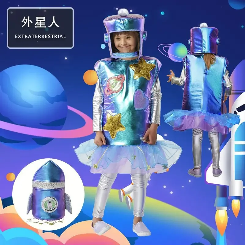

Halloween Astronaut Costume Kids Girl Dress Top Cover Helmet Alien Cosplay Anime School Stage Performance Wear Rocket Backpack