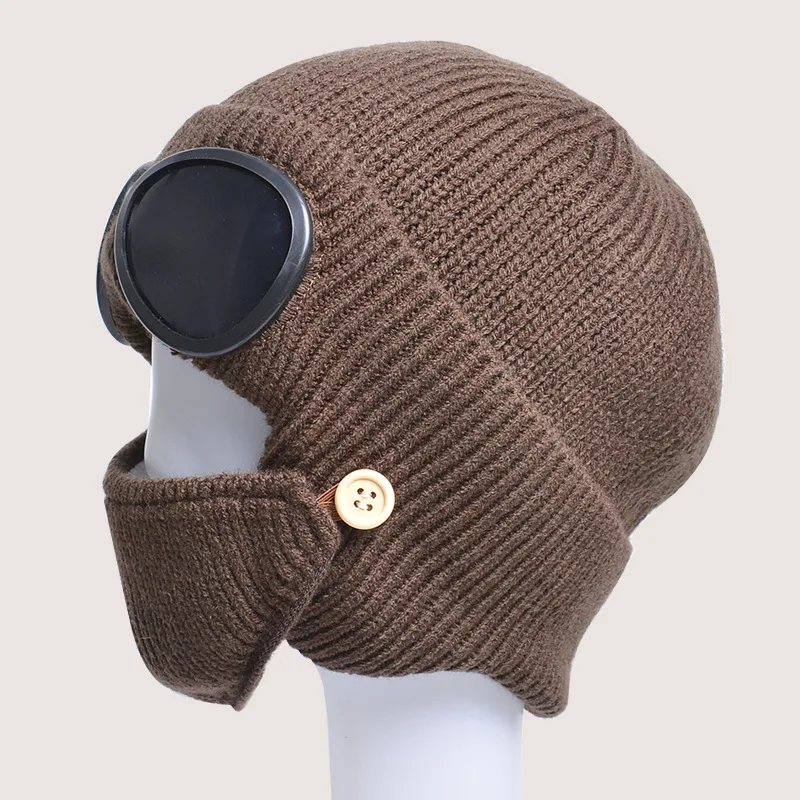 

Skiing Children Winter Hat Scarf Set Knitted Kids Beanie with Goggles Ears Protection Child Bonnet Hats for Girls Boys