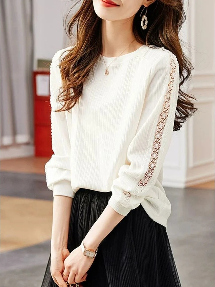 Chic Crew Neck Cutout Detail Long Sleeve Tee Women Fall 2026 Loose Chiffon Slimming Shirt Top