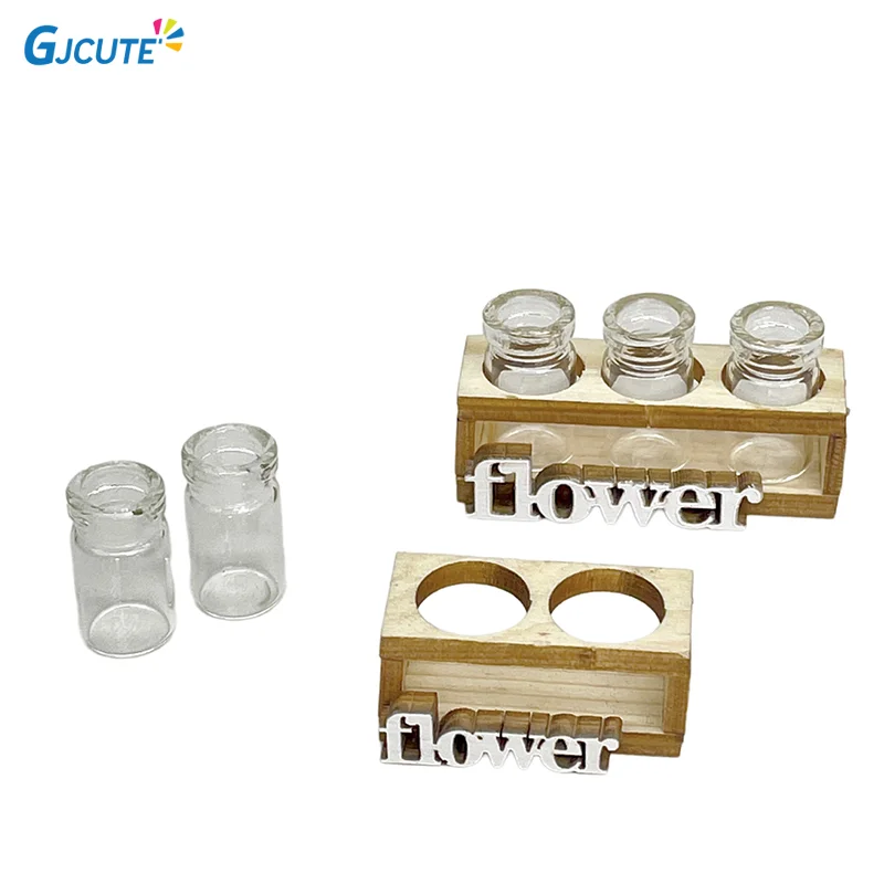 New 1set Dollhouse Mini Hydroponic Wooden Flower Arrangement Stand Set Mini Glass Flower Vase Model Home Garden Decor Toys