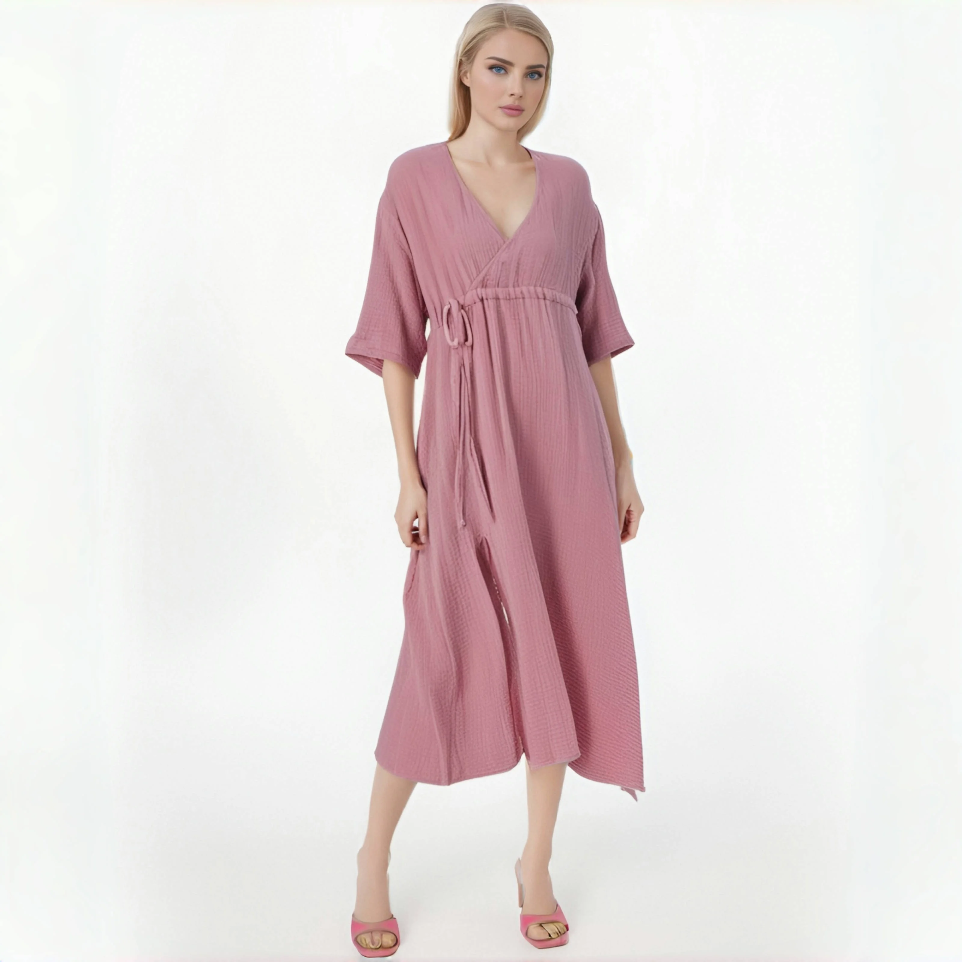 Elegant 100% Cotton Midi Dress Soild Loose Short Sleeve High Waist A-Line Dresses Female Muslin Robe Hoilday Travel Beachwear