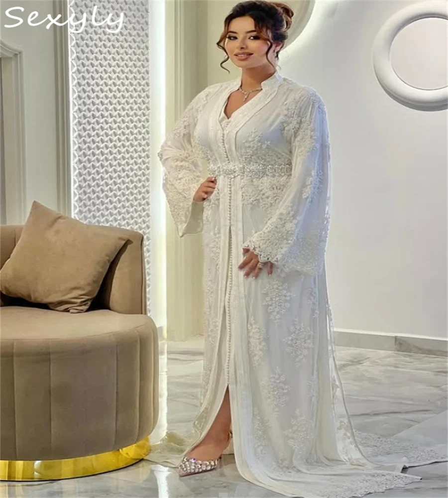 White Moroccan Turkish Wedding Dress Ramadan Kaftan Dubai Arabian Bride Dress Lace Long Sleeve Irish Viking  Bridal Customized