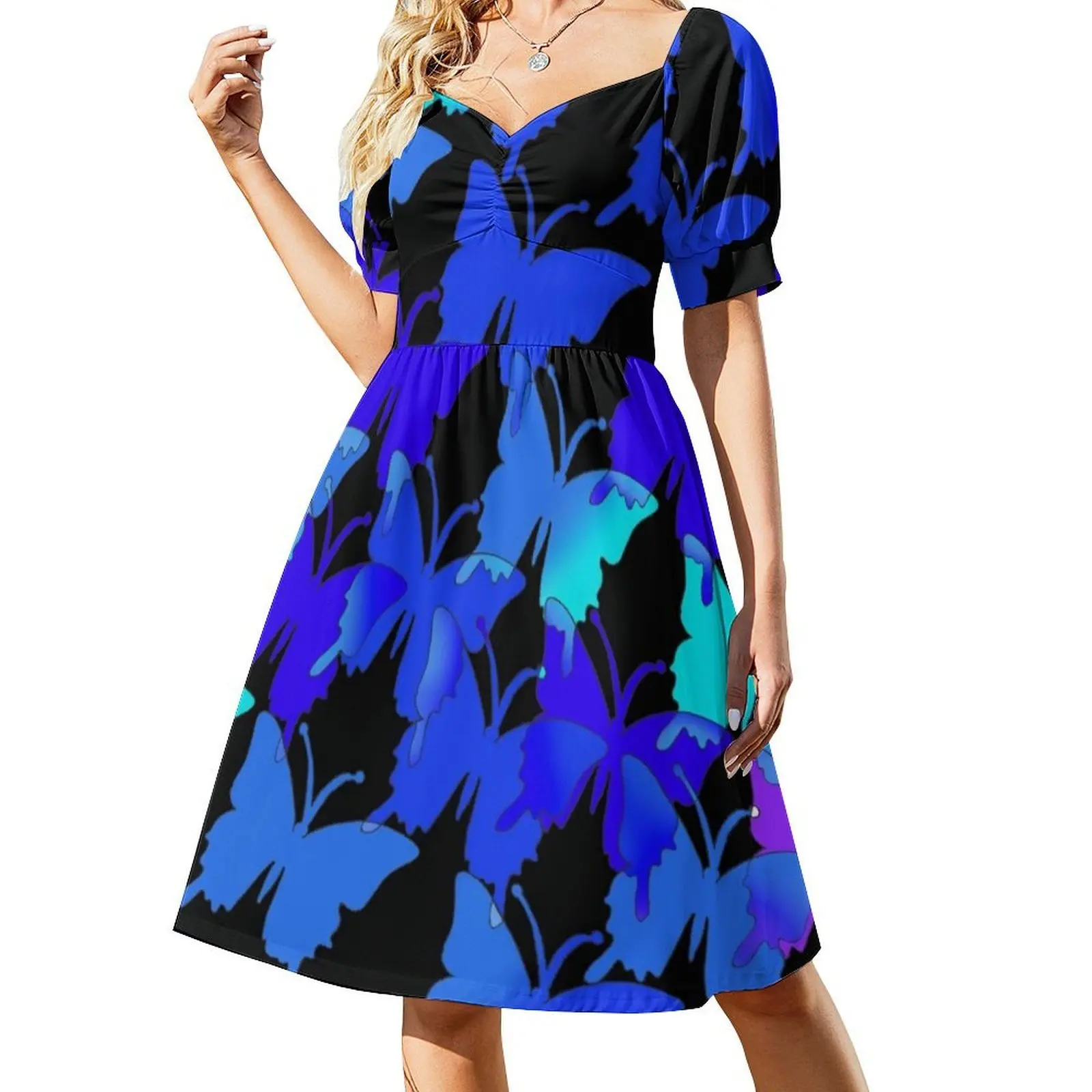 Butterflies Blue Lilac Black Sky Retro 80S And 70S Art Vintage Bohemian Dress Puff Sleeve Or Sleeveless Options For Women Dress