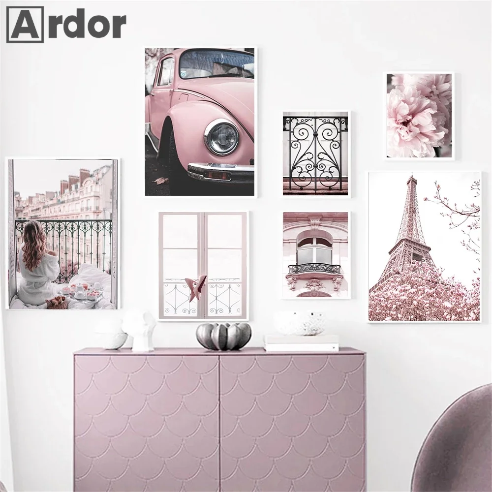 Fashion Pink Peony Eiffel Tower Wall Art Poster And Print Sexy Women Window Car Canvas Painting Romantic Living Room Home Decor