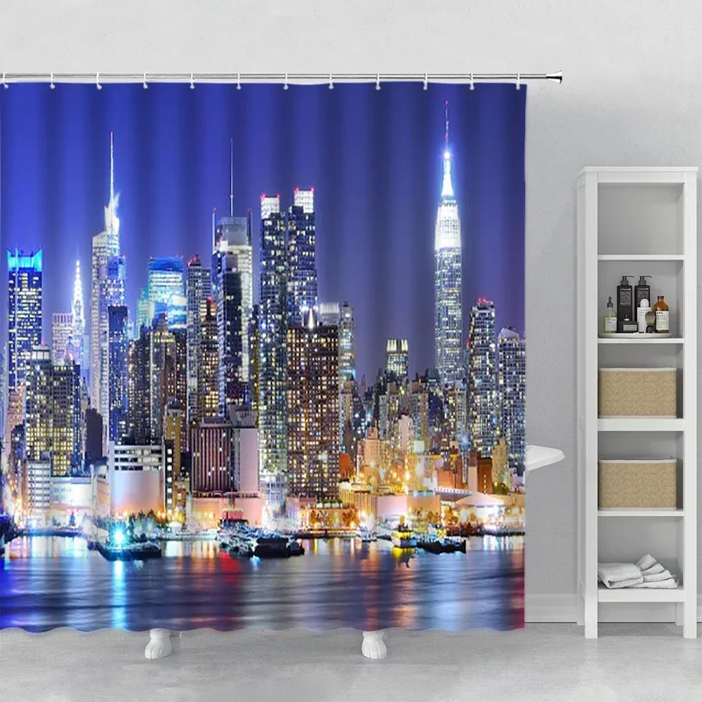 Landscape Shower Curtain New York City Night Scenery Waterproof Bath Curtain Set Polyester With Hook Bathroom Supplies Decorate