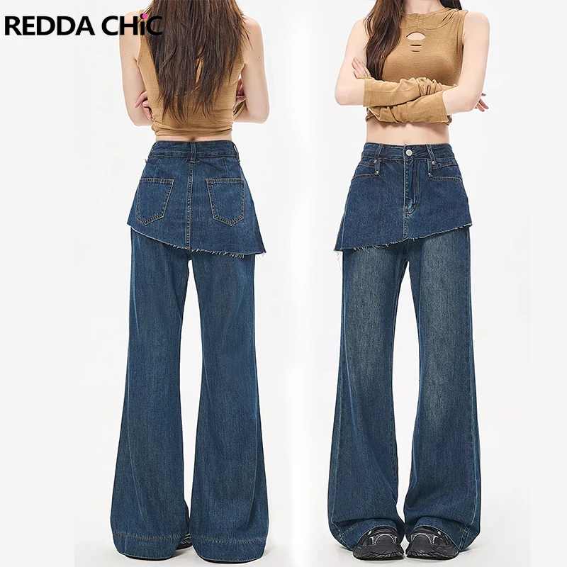 

REDDACHiC Поддельные двухсекционные широкие джинсы, винтажные однотонные юбки с запахом и необработанными краями, джинсовые брюки, повседневные уличные женские штаны