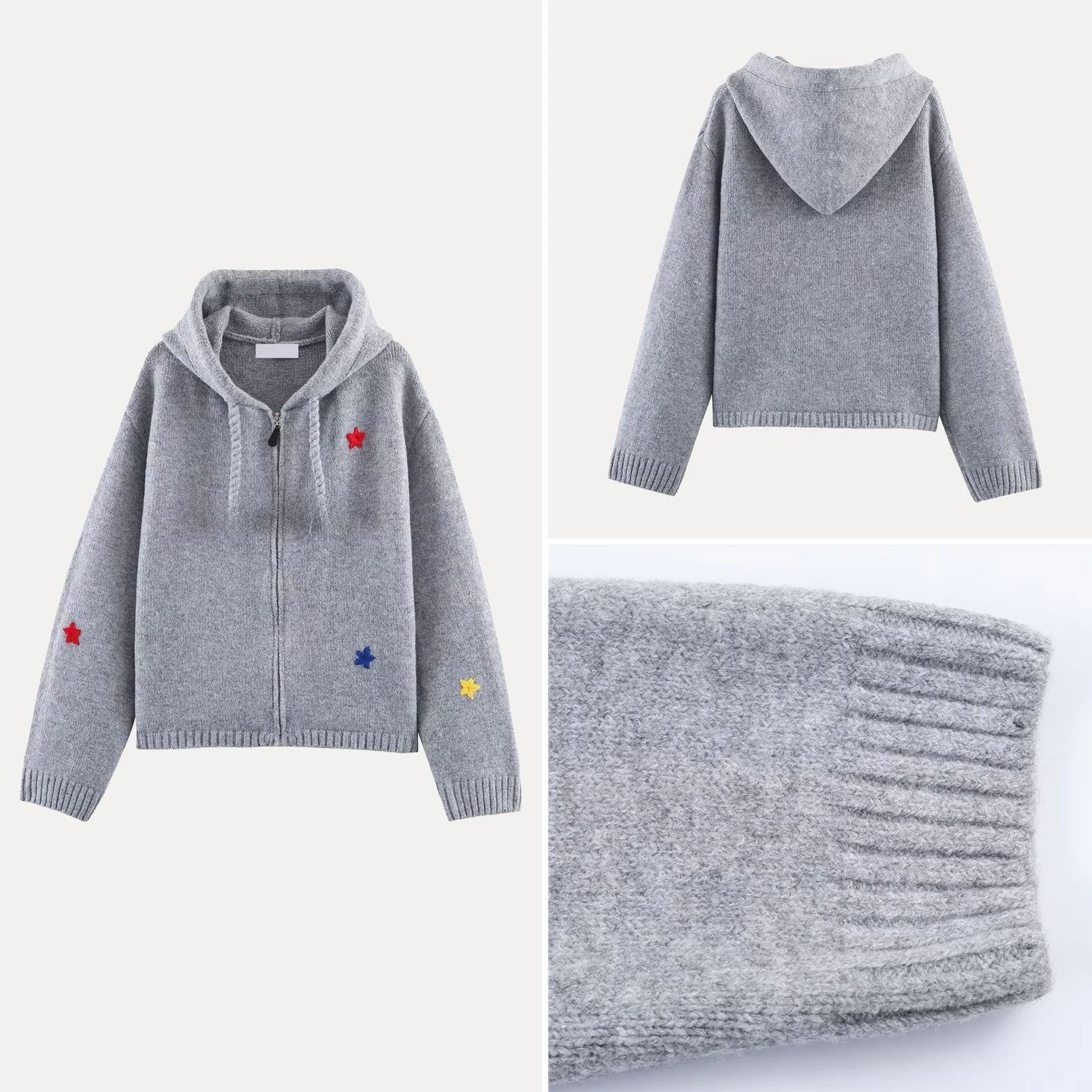 

2025 Winter New Women's Knitted Hooded Cardigan with Dstring Star Embroidery Versatile Long Sve Regular Length European...