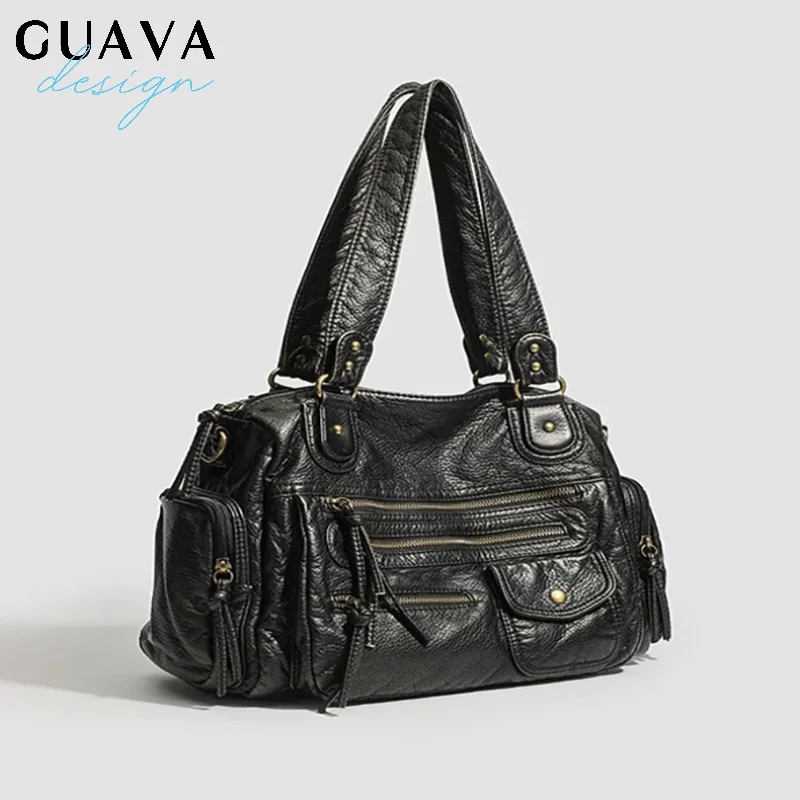 

Y2K Hot Girl Single Shoulder Crossbody Bag Vintage Washed Leather Motorcycle Bag Large Capacity Multi Pocket Bag