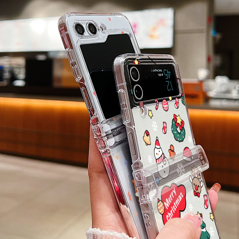 Christmas Santa Elk Print Case For Samsung Galaxy Z Flip 7 6 5 4 3 Clear Folding Phone Cover For Samsung Z Flip5 Flip6 Flip7 FE