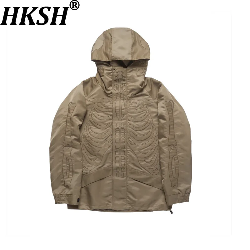 

HKSH Spring Autumn New Man Tide Punk Bone Printed Embroidered Loose Hooded Jacket Dark Windbreaker Trendy Coats Chic Ins HK11187