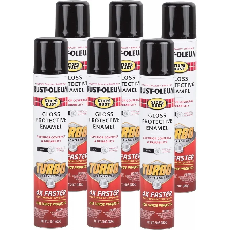 Rust-Oleum 334128-6PK Stops Rust Turbo Spray Paint, 24 oz, Gloss Black, 6