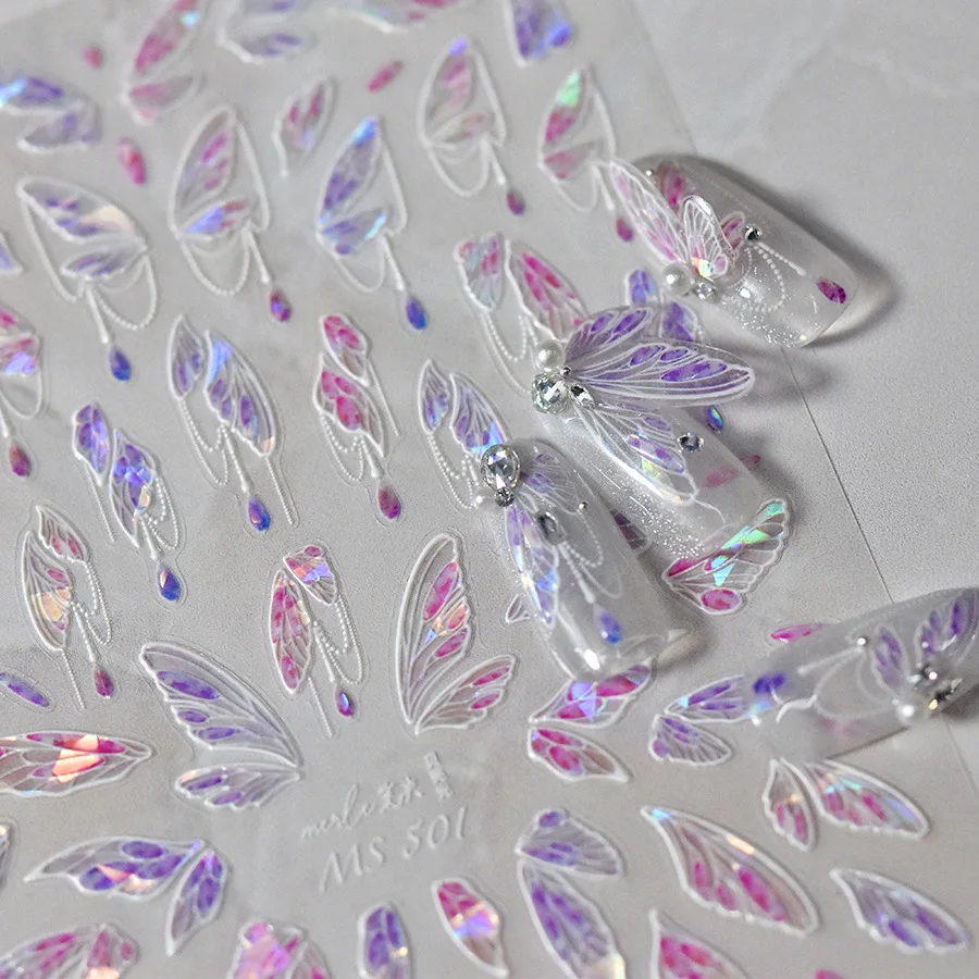 

Flash Jelly Pink Purple Butterfly Wings Adhesive Nail Art Stickers Design Decoration Decals DIY Foil Art Manicure MS-500