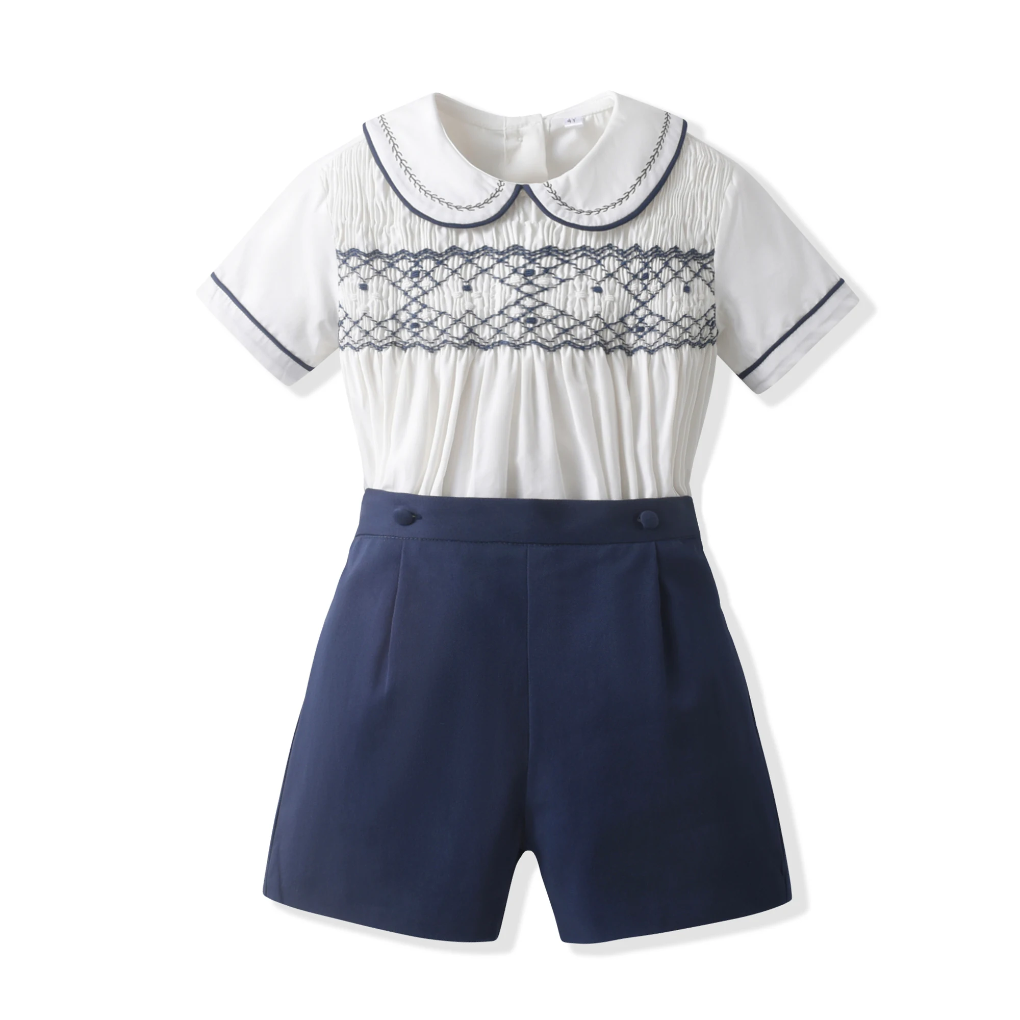 

Clibeso Baby Boy Smocked Embroidery Summer Two Piece Set Peter Pan Collar Short Sleeves Casual Kids Clothing for Toddler Boys
