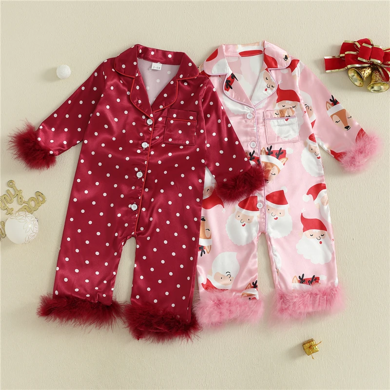 Newborn Baby Girl Christmas Pajamas Long Sleeve Lapel Santa Claus/Dot/Socks/Candy Cane Print Jumpsuits Pajamas Sleepwear