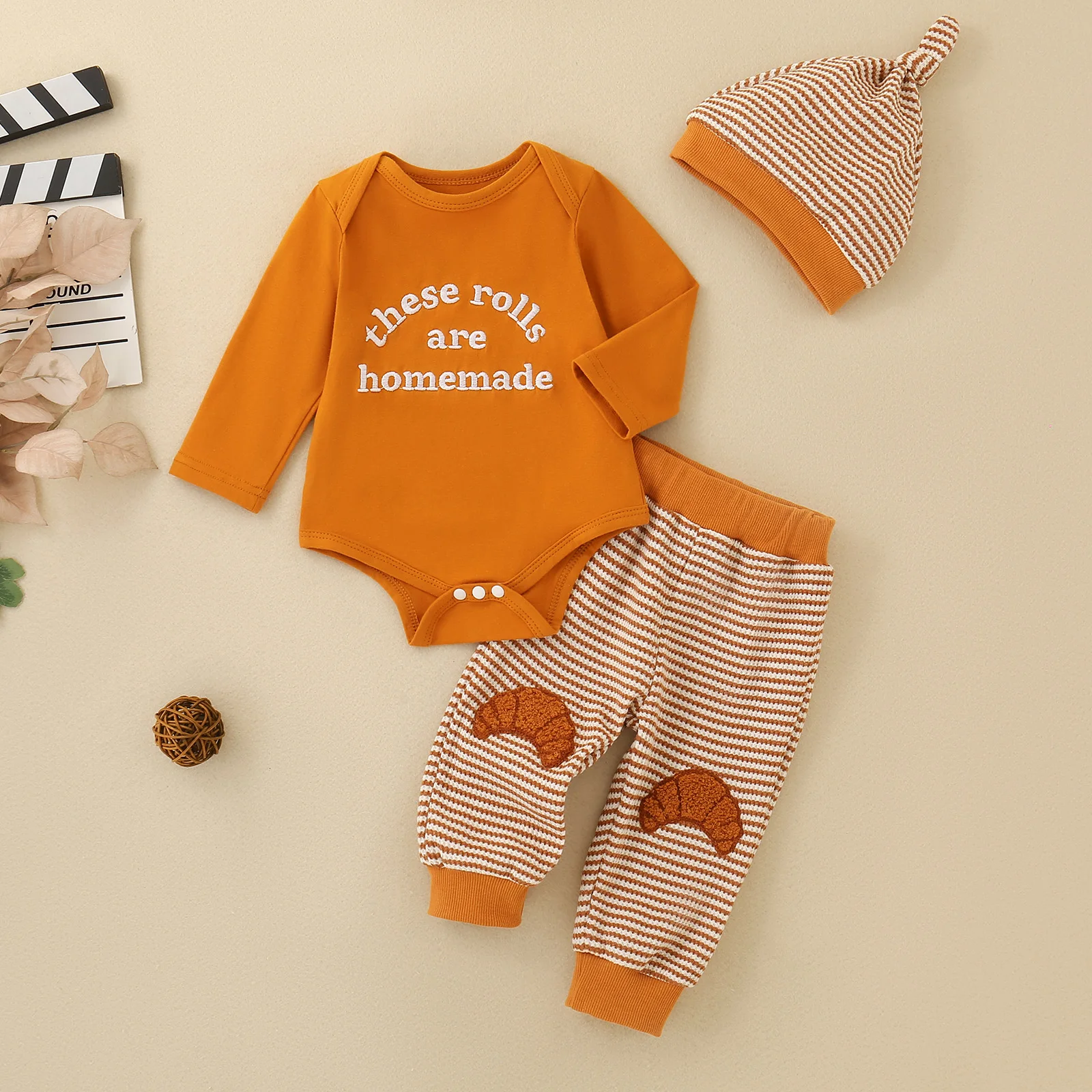 Infant 3 Pieces Clothes Set Long Sleeve Letter Bodysuit Croissant Striped Jogger Pants Knotted Hat Newborn Baby Boy Girl Outfit