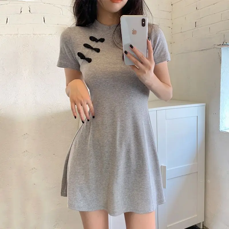 Mini abito Aura con fibbia a disco cinese Abbigliamento femminile Colletto alla coreana vintage Abiti estivi eleganti in tinta unita con vita a trapezio