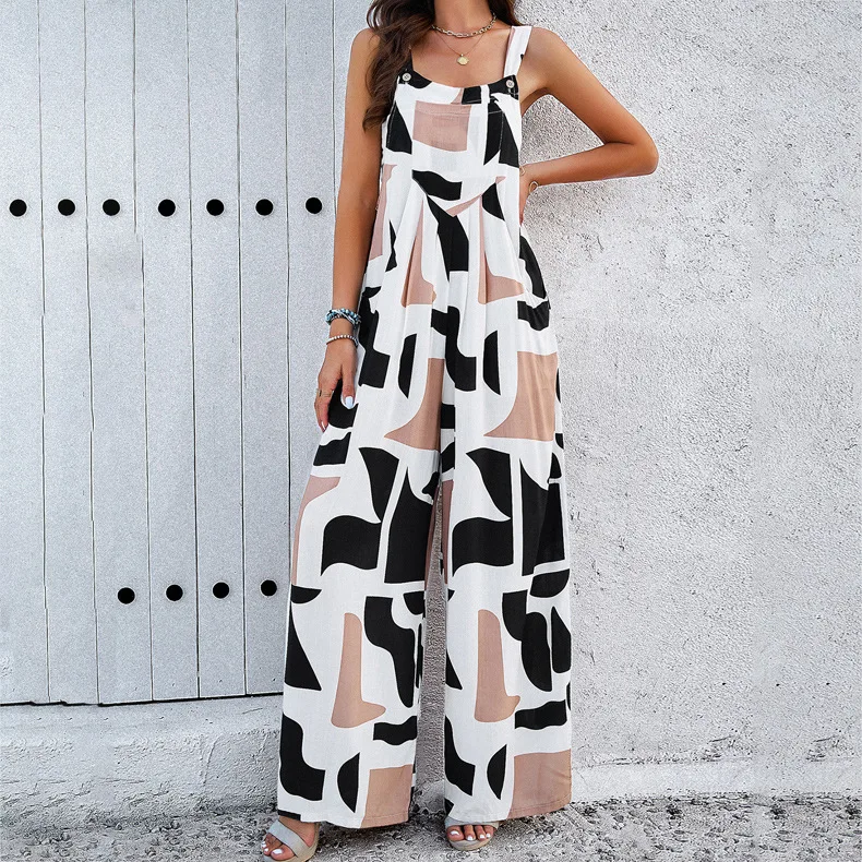 Women's Sleeveless Printed Straps Jumpsuits, Summer Pockets