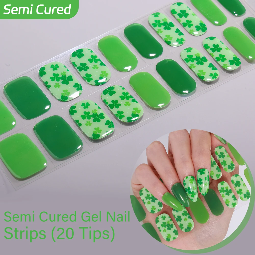 20Tips Clover Semi Cured Gel Nail Stickers Summer Series Flower Nail Art Stickers Self-Adhesive Long Lasting Gel Full Nail Wraps
