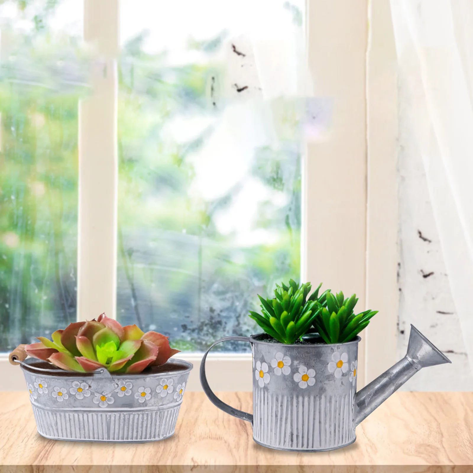 1Set Vintage Style Iron Pail Flower Design Decorative Bucket for Gardening Home Plant Pot Rustic Interior Outdoor Use Silver