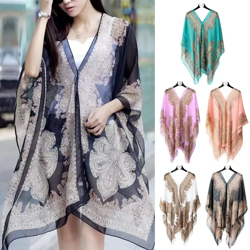 Woman Chiffon Blouse Fashion Women Scarf Shawl Printed Sunscreen Sun Protection Shawl Beach Shawl Soft Loose Bikini Cover Tops