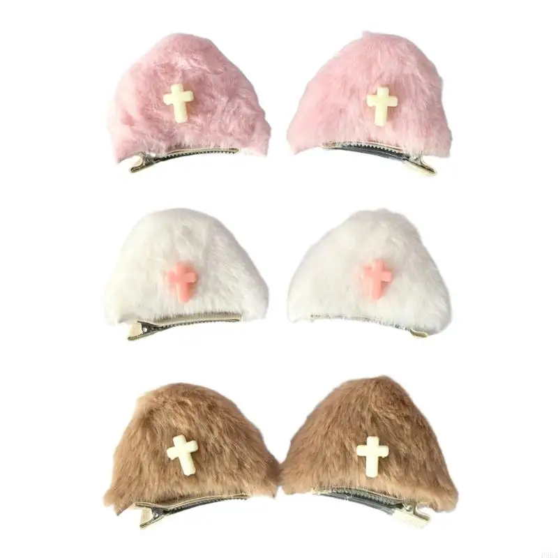 

P88A 2pcs Harajuku Plush Cats Ear Hairpin for Woman Eye Catching Bangs Hair Clip