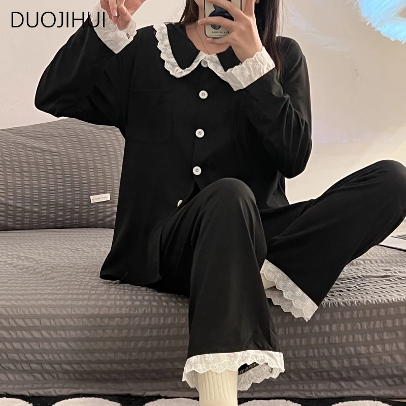 DUOJIHUI Black Two Piece Chicly Lace Loose Pajamas for Women Basic Button Cardigan Simple Casual Pant Fashion Female Pajamas Set