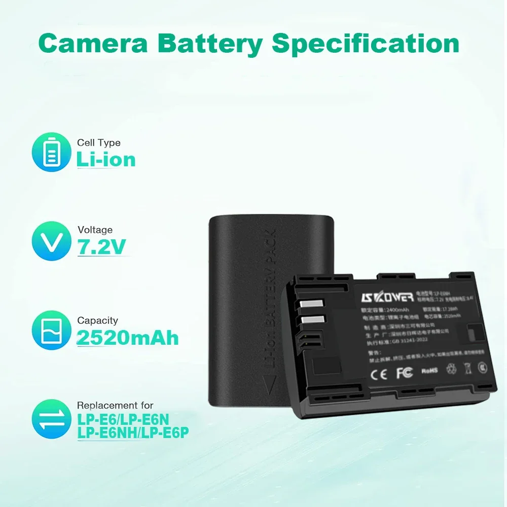2520mAh LP-E6NH Battery for Canon EOS R7 R6 R5 R/C 5D Mark IV III 5DS 60D 70D 80D 90D 6D 7D Mark II Cameras E6 E6N Dual Charger