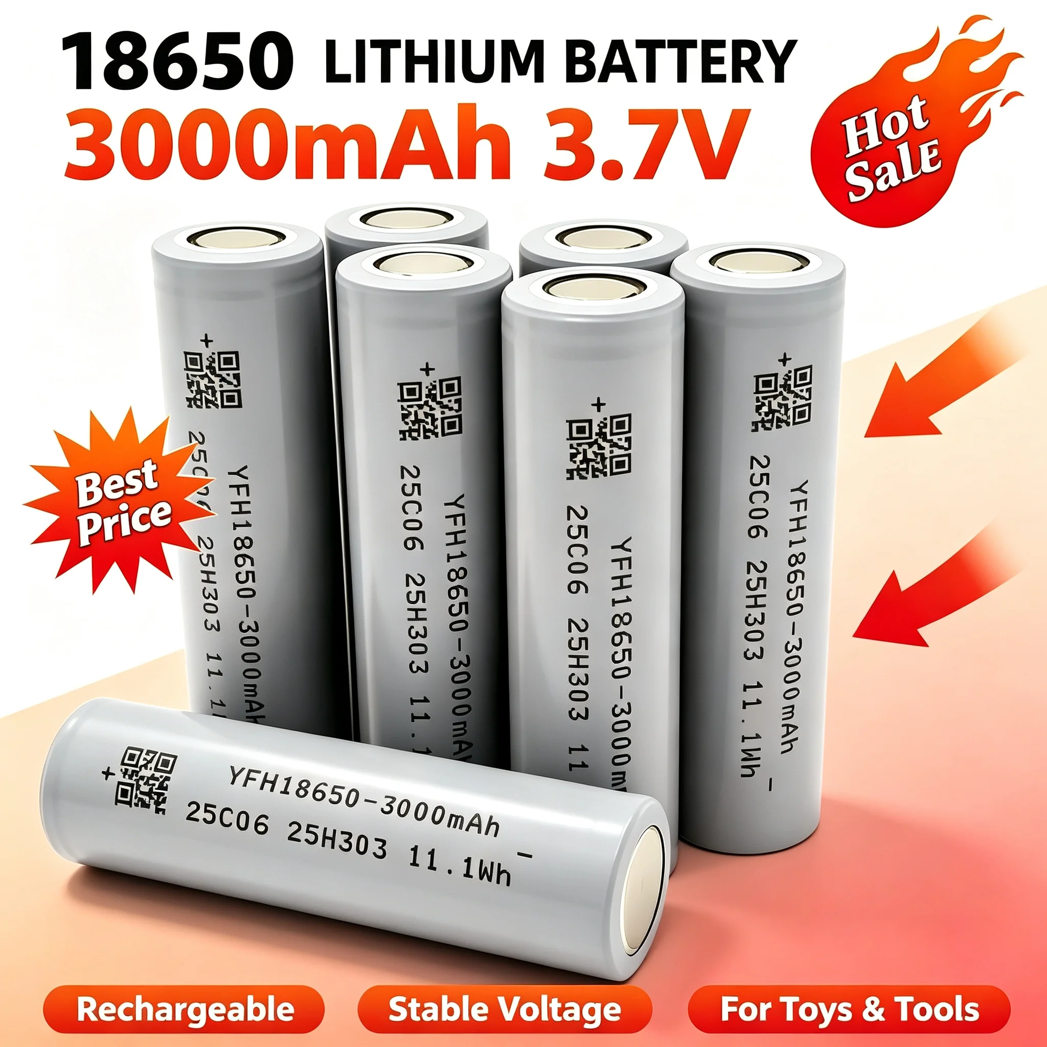 3000mAh 18650 3.7V Li‑ion Rechargeable Battery, Optional Welding Terminal Lead Wire for Flashlight Toy DIY Battery Pack