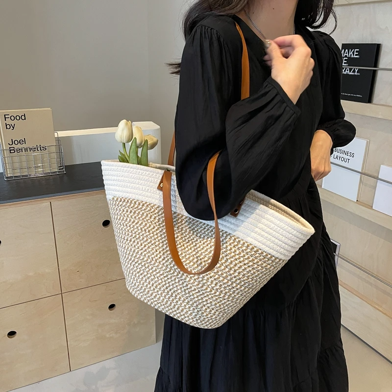 2024 New Summer Women Woven Beach Bag Large Capacity Cotton thread Handmade Fashion Shoulder Bag Bohemian Casual Woven Basket