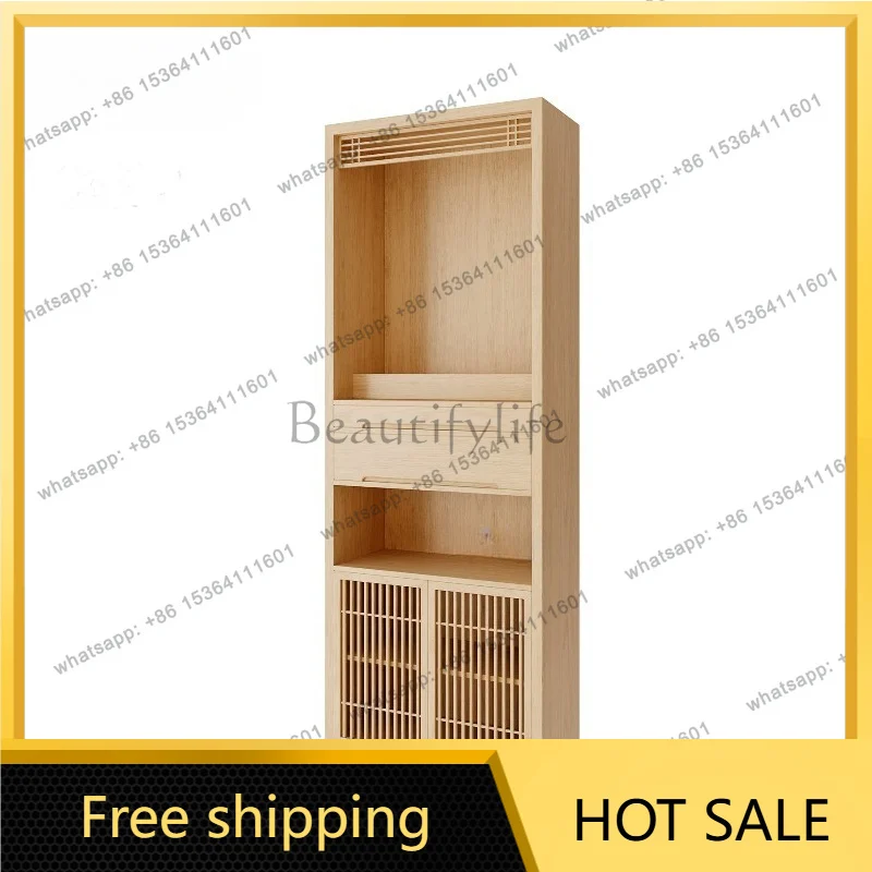 YJ New Chinese Ash Wood Standing Shrine Cabinet Zen Style Small Home Altar Table Log Color Solid Wood Worship Storage Cabinet