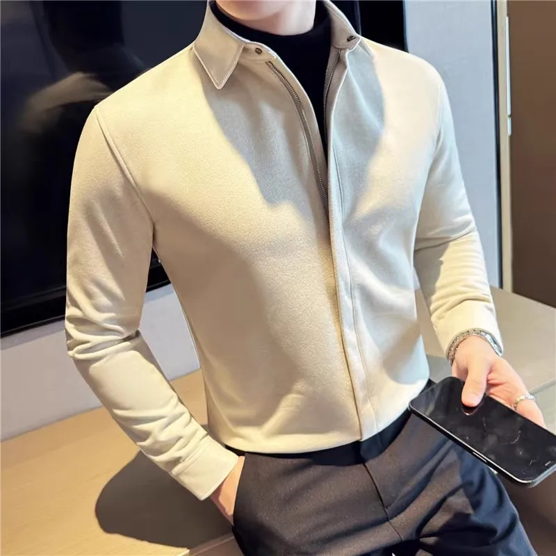 High Quality Winter Thick Woolen Shirt Men Fashion Zipper Solid Color Turn Down Collar Warm Casual Shirts Mens Slim Fit Blouse