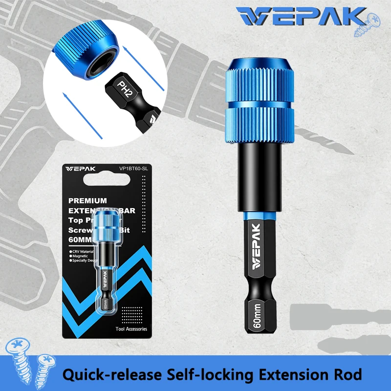 VEPAK VP1BT60-SL Impact Magnetic Bit Holder Quick Change 60MM 1/4-Inch Hex Shank Self-Locking Fixed Drill Bit Tool Attachments