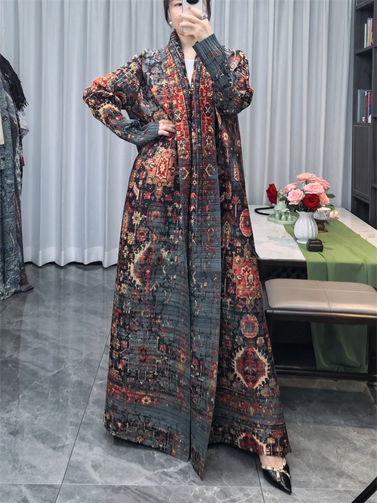 Abaya Long Trench Coat Miyake Women\'s Summer Style Elegant Wrinkled Loose Large Size Printed Middle East Cardigan Robe Tide