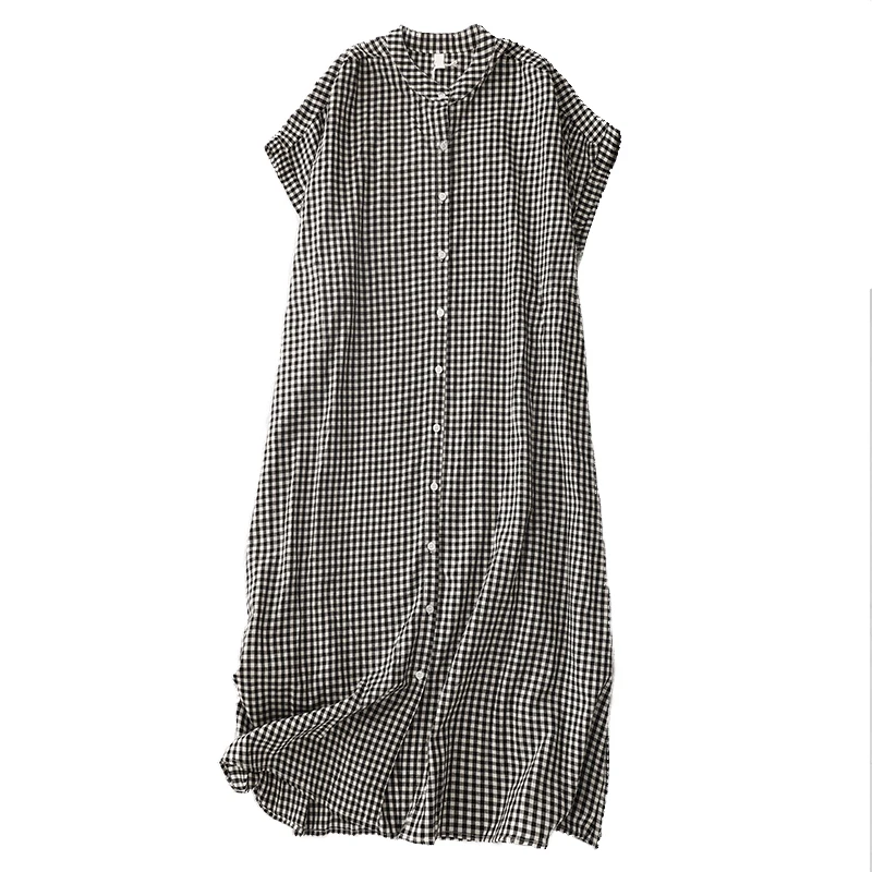 วินเทจลายสก๊อตแขนสั้นเสื้อชุดสตรีฤดูร้อนสไตล์วิทยาลัยหลวมชุดยาวลําลองStreetwear