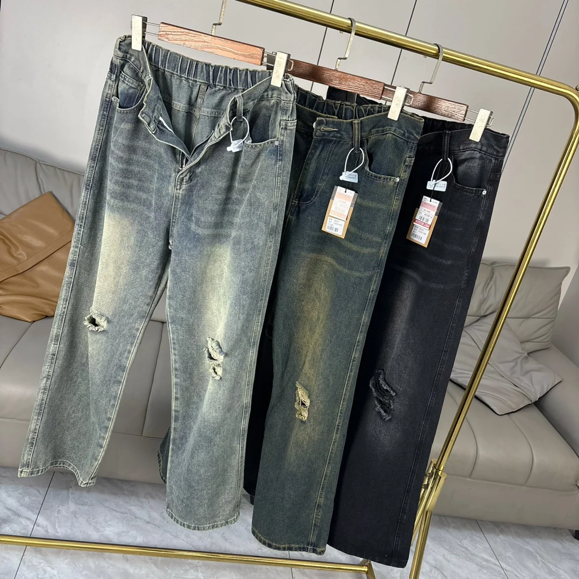 

Retro American Faion Men's Jeans Loose Straight Leg Waed Design Spring Autumn Trendy Casual mid Waist Long Pants