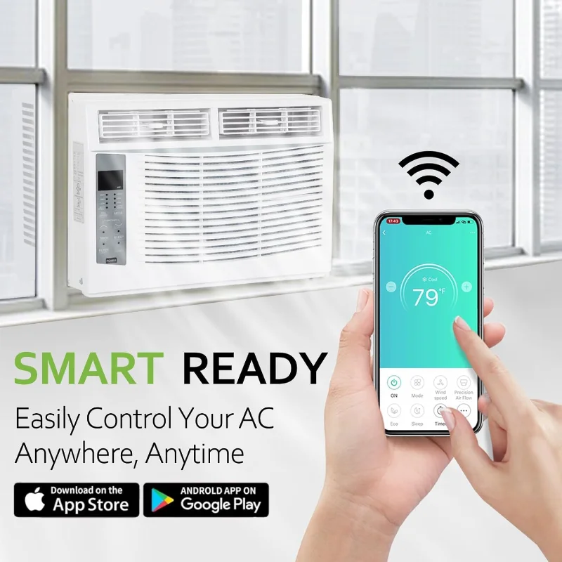 Condicionador de ar de janela habilitado para WiFi de 6,000 BTU, unidade CA de janela inteligente com controle remoto, economia de energia, kit de fácil instalação