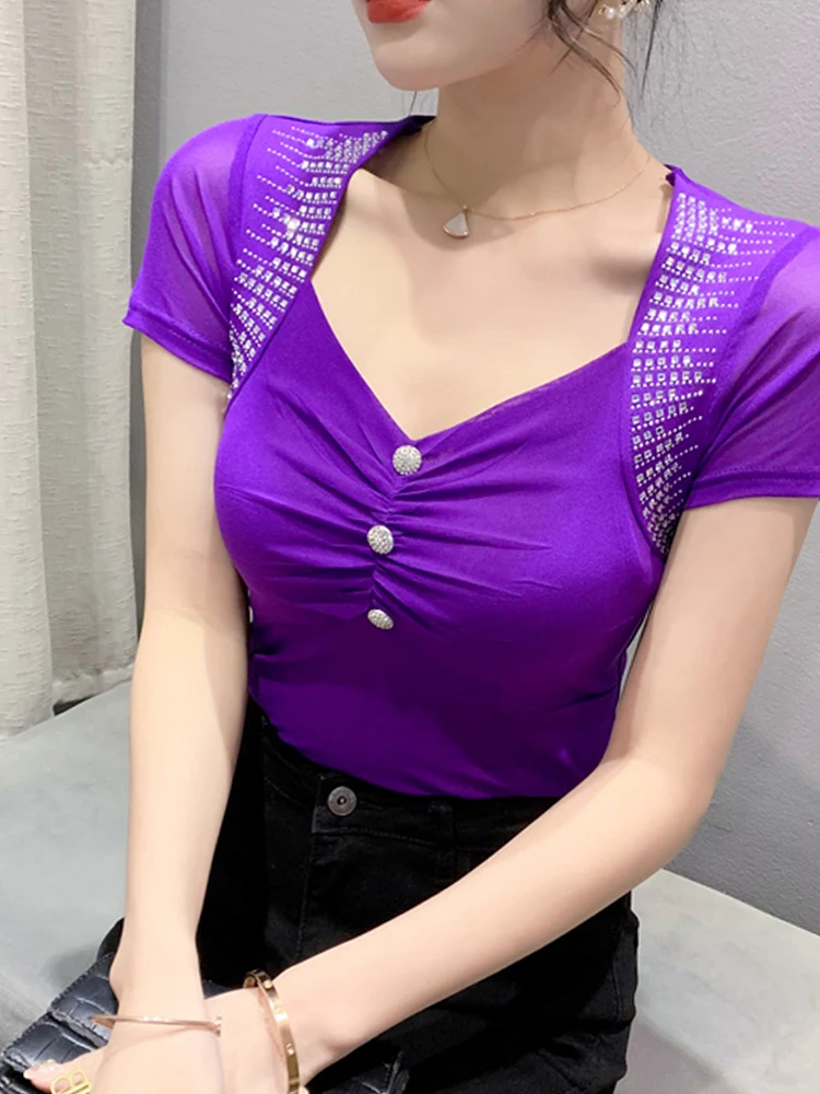 Elegant Sexy Mesh Short Sleeve T-Shirt Women Summer 2024 New Heavy Embroidery V-Neck Top Beautiful Atmosphere Small Shirt