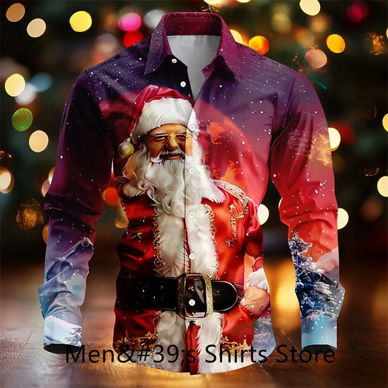 Happy New Year Santa Claus Casual Men\'s Button Shirt Long Sleeve Party Evening Daily Autumn Winter Spring Summer Lapel Shirt Red