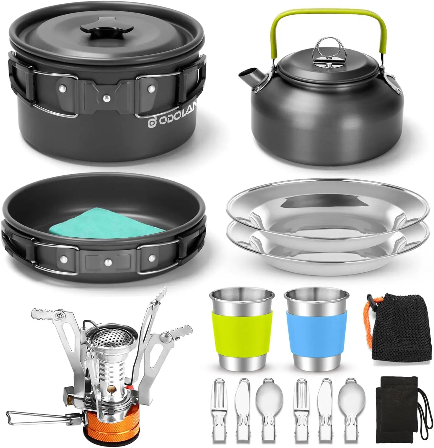 Juego de utensilios de cocina para acampar de 16 Uds con estufa de Camping plegable, juego de hervidor de ollas ligero antiadherente con platos y tazas de acero inoxidable