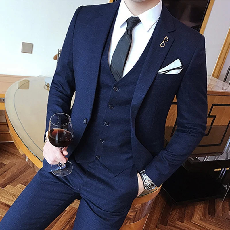 （Blazer+vest+pants)2024 New Small Plaid Men's Suit Three-piece Business Wedding Multi-occasion Slim Dresses