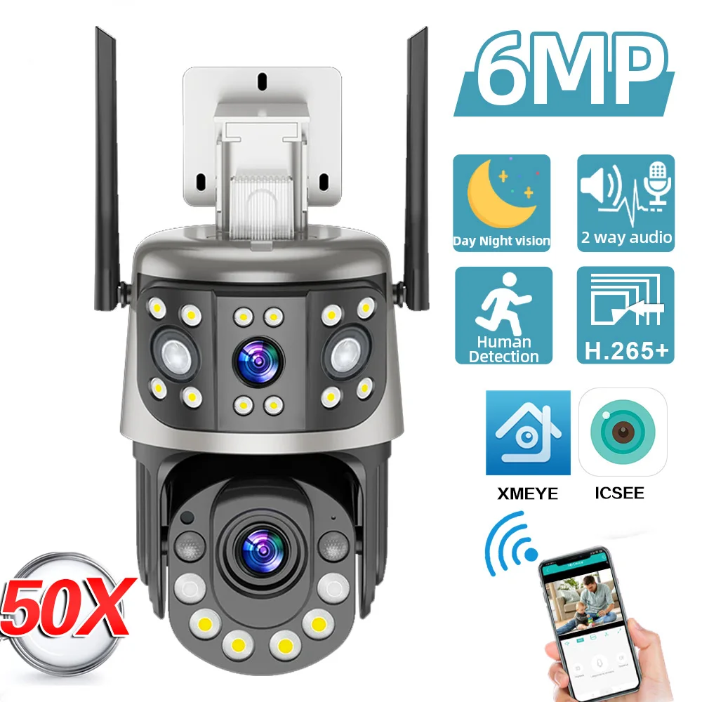 ICSEE 50X Zoom 6MP WiFi PTZ IP Camera Outdoor Dual Lens Dual Screen Human Detection Wireless CCTV Security Monitoring Camera