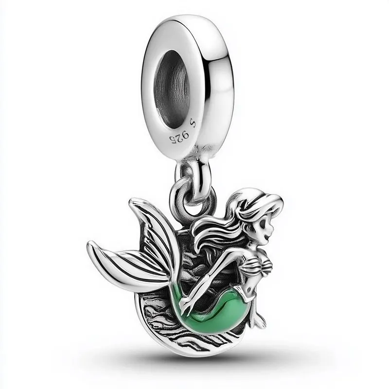 ปรับแต่งจี้ S925 Sterling Silver Charm Disney Mermaid แกะสลักลูกปัดผู้หญิง DIY สร้อยข้อมือเครื่องประดับ Fine
